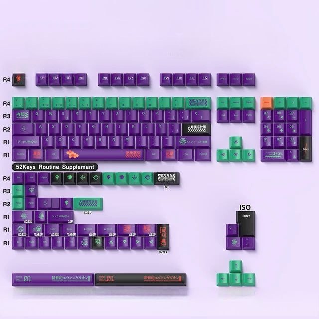 Set de 139 teclas MyKeyboard EVA-01 con perfil Cherry, fabricadas en PBT con diseño temático morado y verde