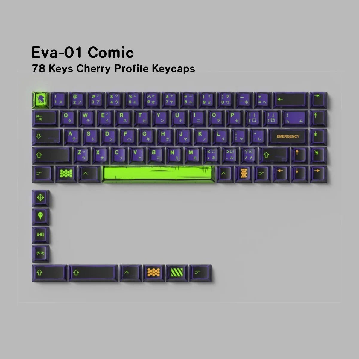 Set de 78 teclas MyKeyboard perfil Cherry PBT con diseño temático EVA 01 en colores morado y verde neón