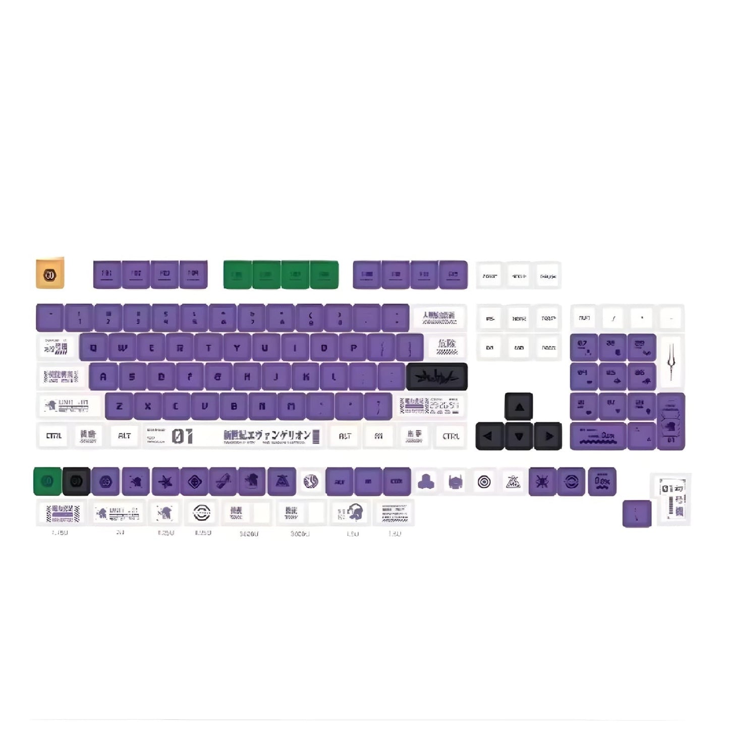 Set de 134 teclas MyKeyboard EVA 01 con perfil XDA, fabricadas en PBT con diseño temático morado, verde y blanco.
