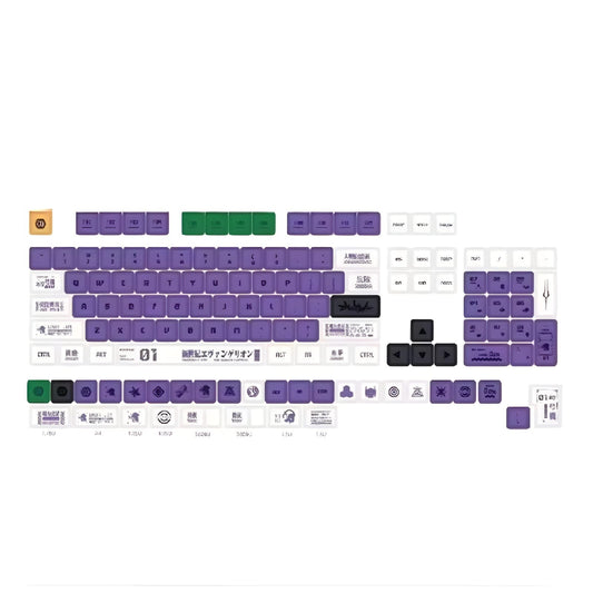 Set de 134 teclas MyKeyboard EVA 01 con perfil XDA, fabricadas en PBT con diseño temático morado, verde y blanco.