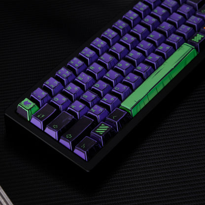 Set de keycaps MyKeyboard Jaycomia EVA 01 con perfil Cherry, fabricadas en PBT con diseño temático morado y verde