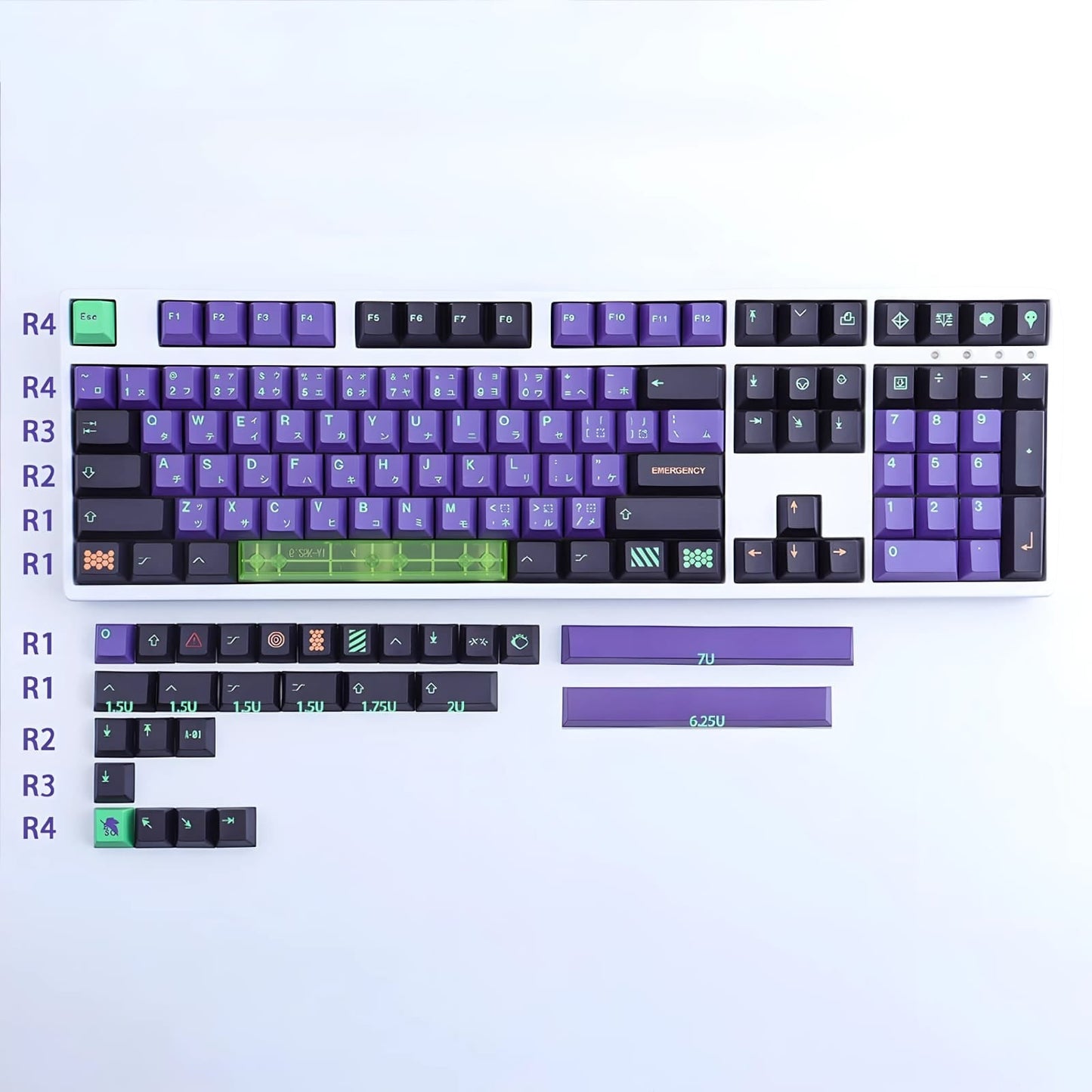 Set de 135 teclas MyKeyboard perfil Cherry de PBT con diseño inspirado en Evangelion EVA 01 en tonos morado y verde