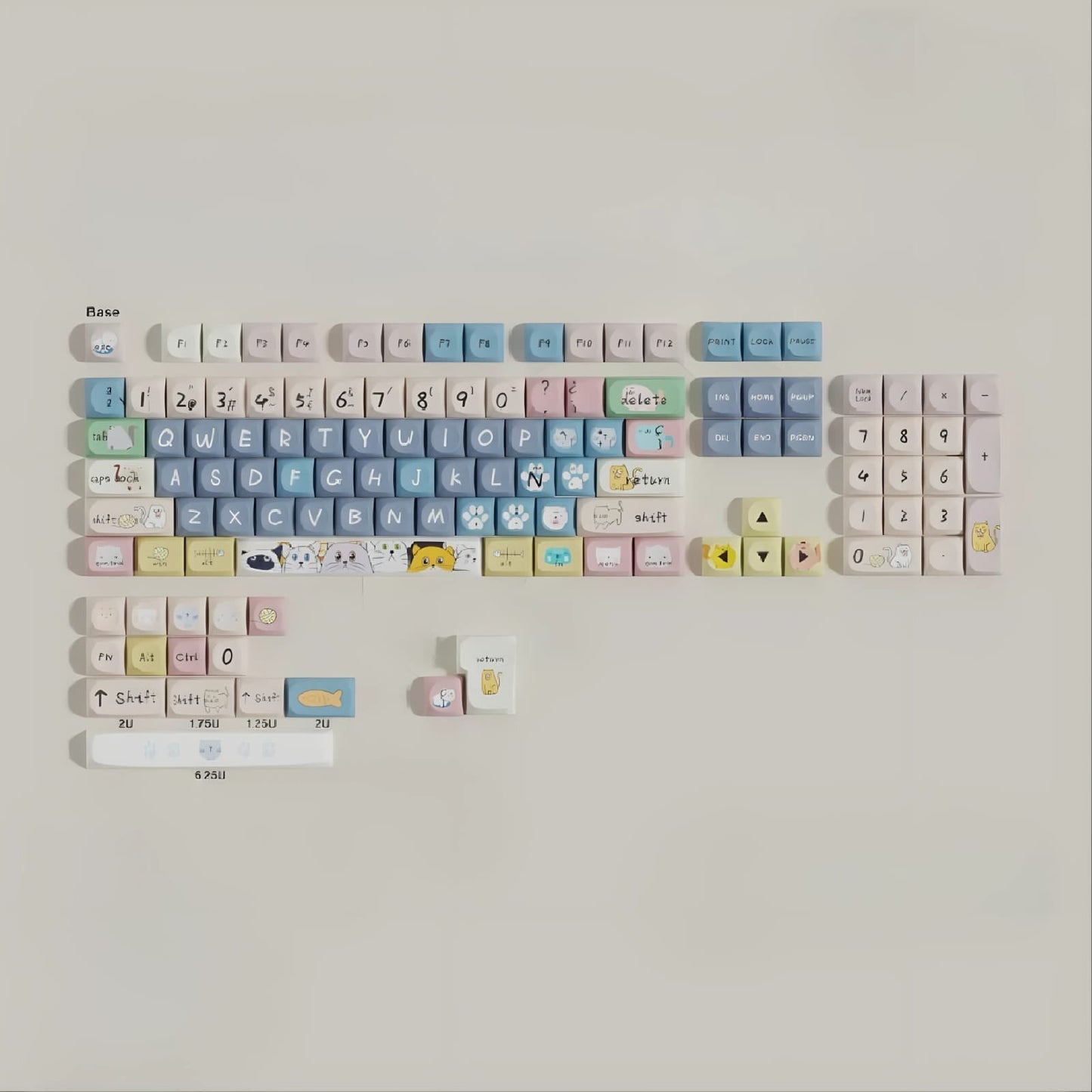 Set de 118 keycaps MyKeyboard perfil MOA de PBT con diseño temático de gatos y ratones en tonos pastel
