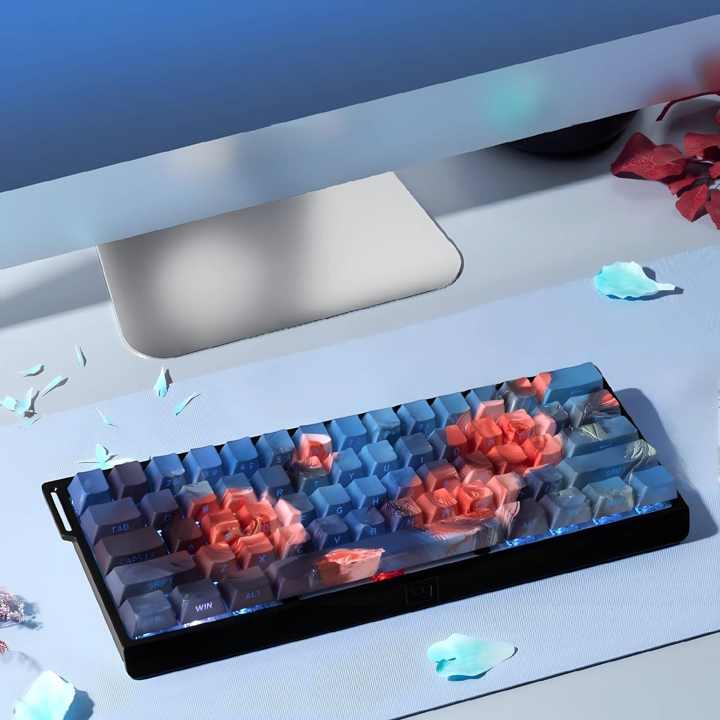 Set de 130 keycaps MyKeyboard Jardín de Rosas con perfil Cherry, fabricados en PBT con diseño floral azul y rosa