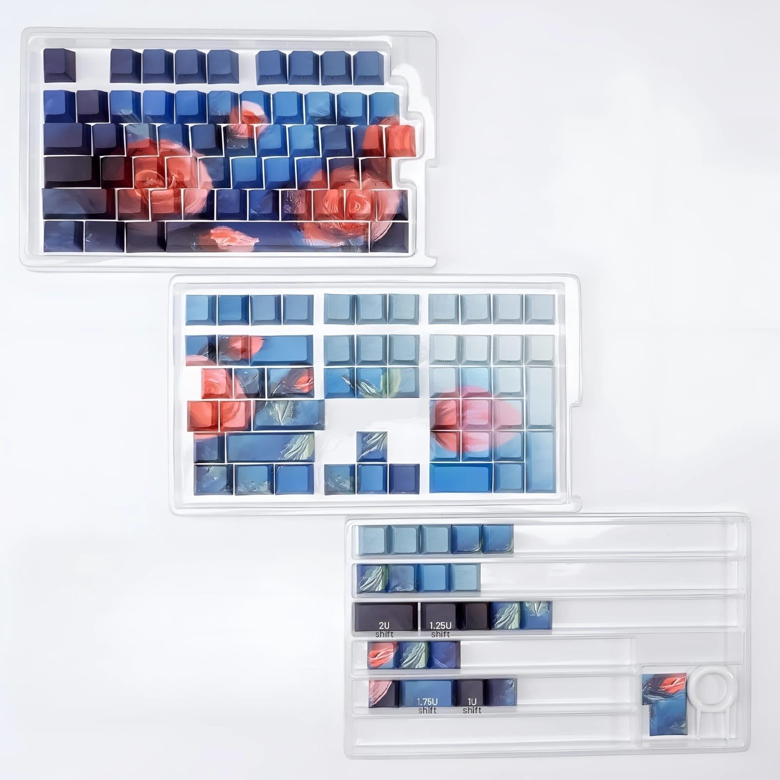 Set de 130 keycaps MyKeyboard Jardín de Rosas con perfil Cherry, fabricados en PBT con diseño floral azul y rojo.