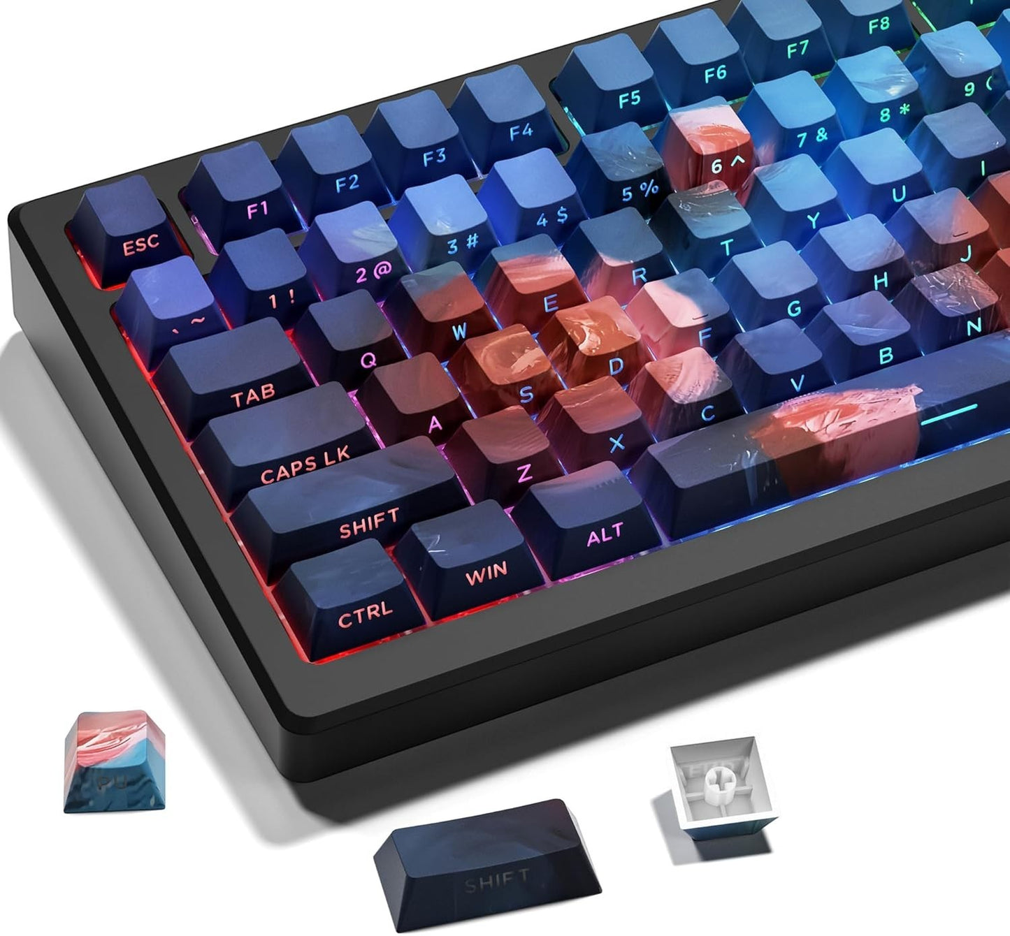 Set de keycaps MyKeyboard Jardín de Rosas con diseño floral en azul y rojo, perfil Cherry y material PBT duradero