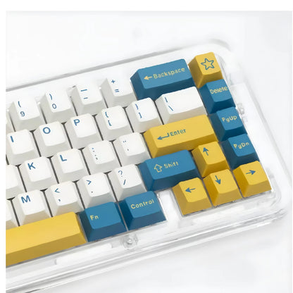 Set de keycaps MyKeyboard Merlin con perfil Cherry, fabricadas en PBT double shot, en colores blanco, amarillo y azul.