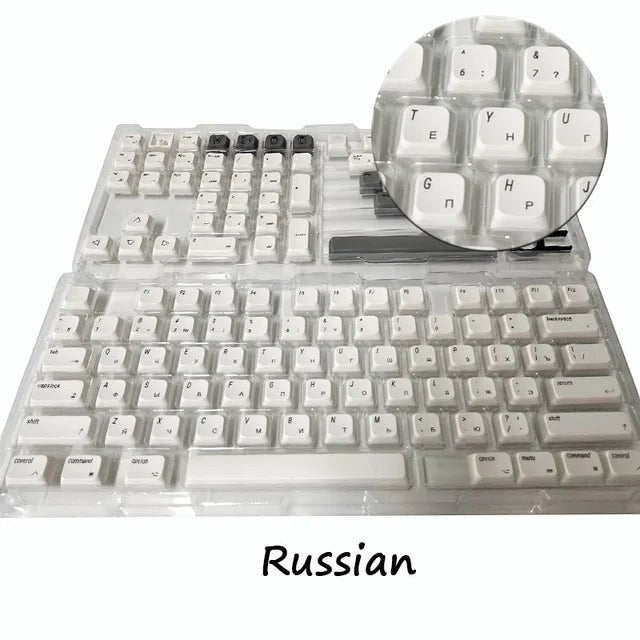 Set de 127 keycaps MyKeyboard minimalistas en blanco con perfil Cherry y leyendas en ruso, material PBT sublimado.