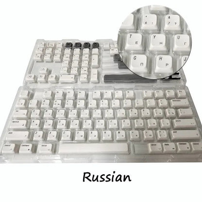 Set de 127 keycaps MyKeyboard minimalistas en blanco con perfil Cherry y leyendas en ruso, material PBT sublimado.