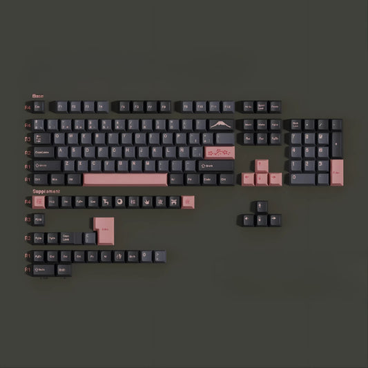 Set de 138 keycaps MyKeyboard Night Sakura con perfil MOA, fabricadas en PBT negro con leyendas y detalles en rosa.