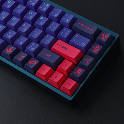 Set de keycaps MyKeyboard Onda Láser con perfil Cherry, fabricados en PBT, en tonos morado, azul y detalles en rojo.