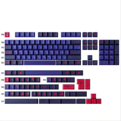 Set de 158 keycaps MyKeyboard Onda Láser con perfil Cherry, fabricados en PBT con diseño en azul oscuro y detalles rojos.