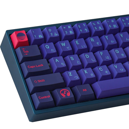 Set de keycaps MyKeyboard Onda Láser con perfil Cherry, fabricadas en PBT azul y violeta con leyendas en japonés