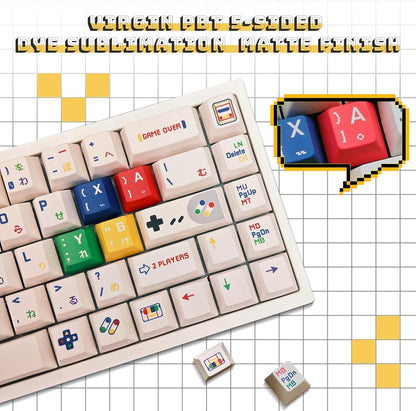 Set de 142 keycaps MyKeyboard con perfil Cherry, diseño retro de videojuegos y acabado mate en PBT sublimado