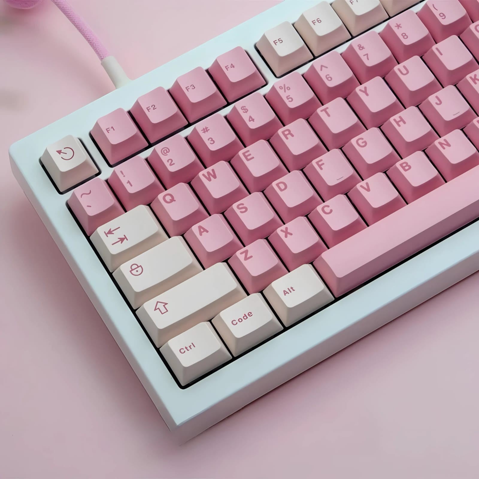 Set de 121 keycaps MyKeyboard RIM perfil Cherry de material PBT double shot en tonos rosa y blanco