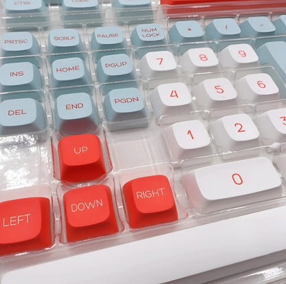 Set de 140 keycaps MyKeyboard perfil XDA en colores salmón, blanco y azul claro, fabricados en PBT sublimado