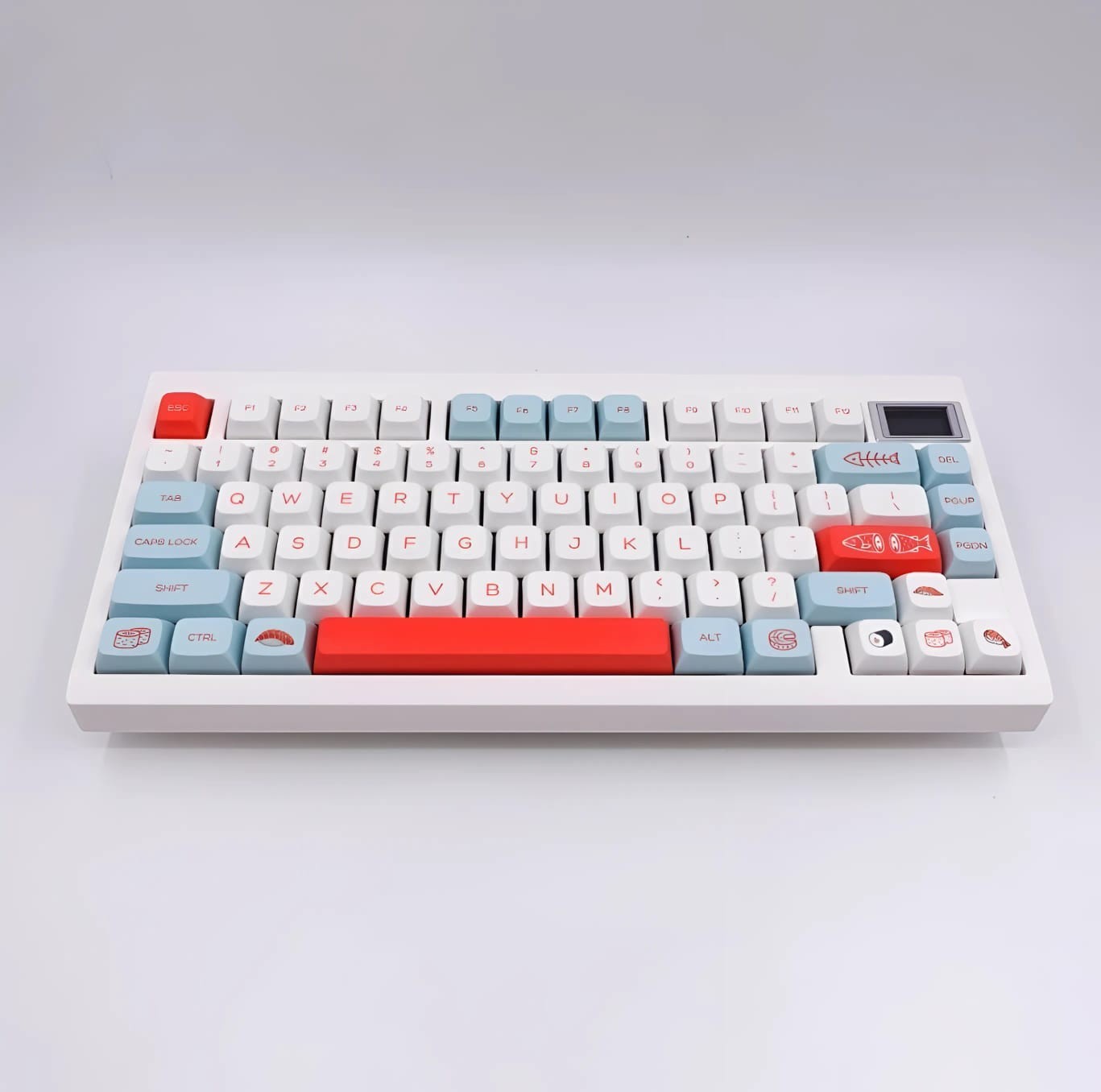 Set de 140 keycaps MyKeyboard perfil XDA de PBT con diseño temático de salmón y sushi en tonos blanco, azul y rojo