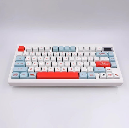 Set de 140 keycaps MyKeyboard perfil XDA de PBT con diseño temático de salmón y sushi en tonos blanco, azul y rojo