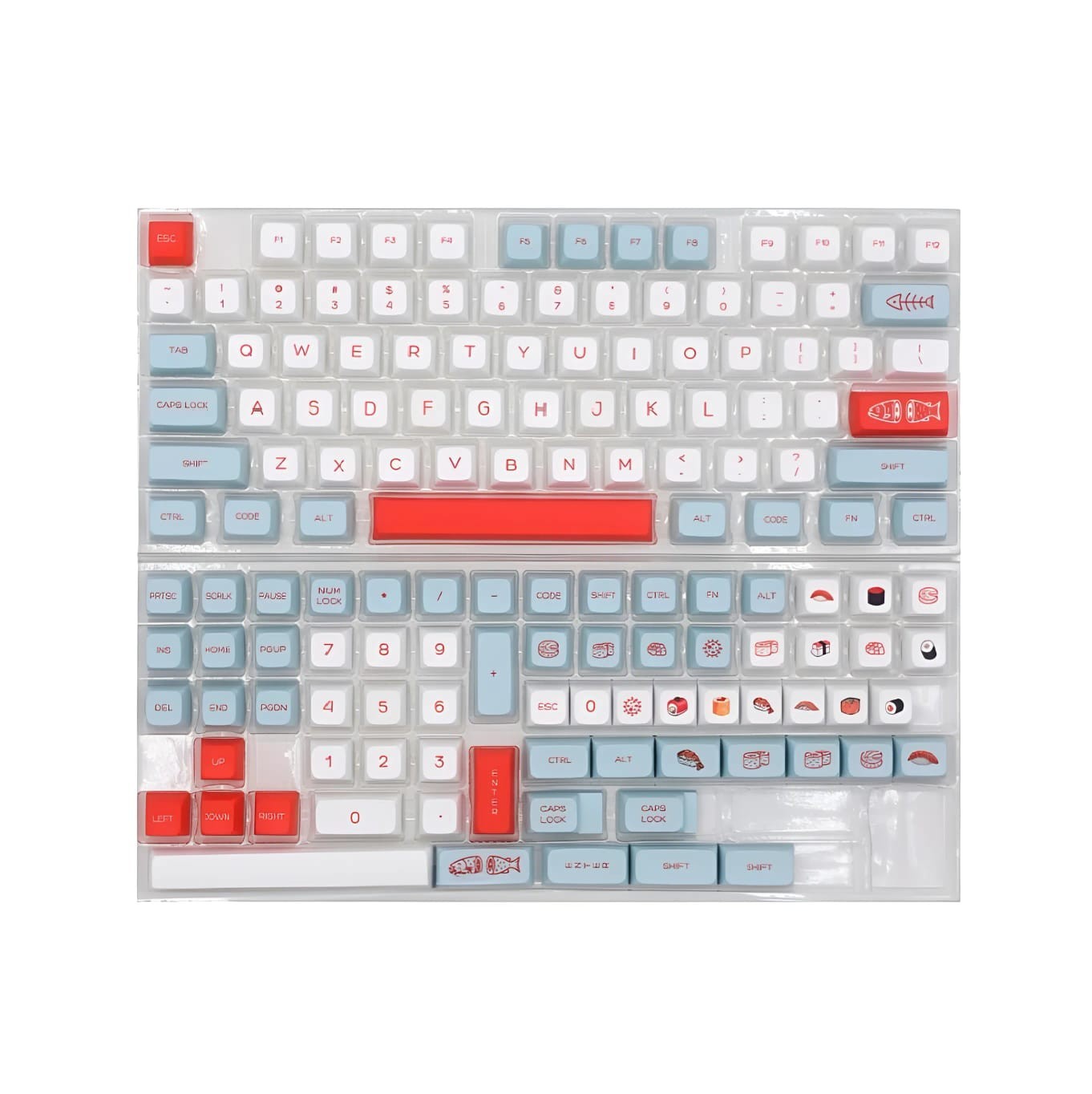 Set de 140 keycaps MyKeyboard perfil XDA de PBT con diseño temático de salmón y sushi en tonos azul y rojo
