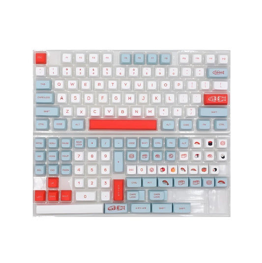 Set de 140 keycaps MyKeyboard perfil XDA de PBT con diseño temático de salmón y sushi en tonos azul y rojo