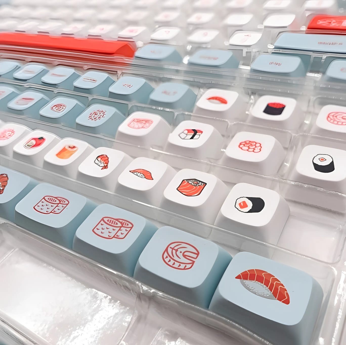 Set de 140 keycaps MyKeyboard con diseño de sushi y salmón, perfil XDA en material PBT con sublimación térmica.