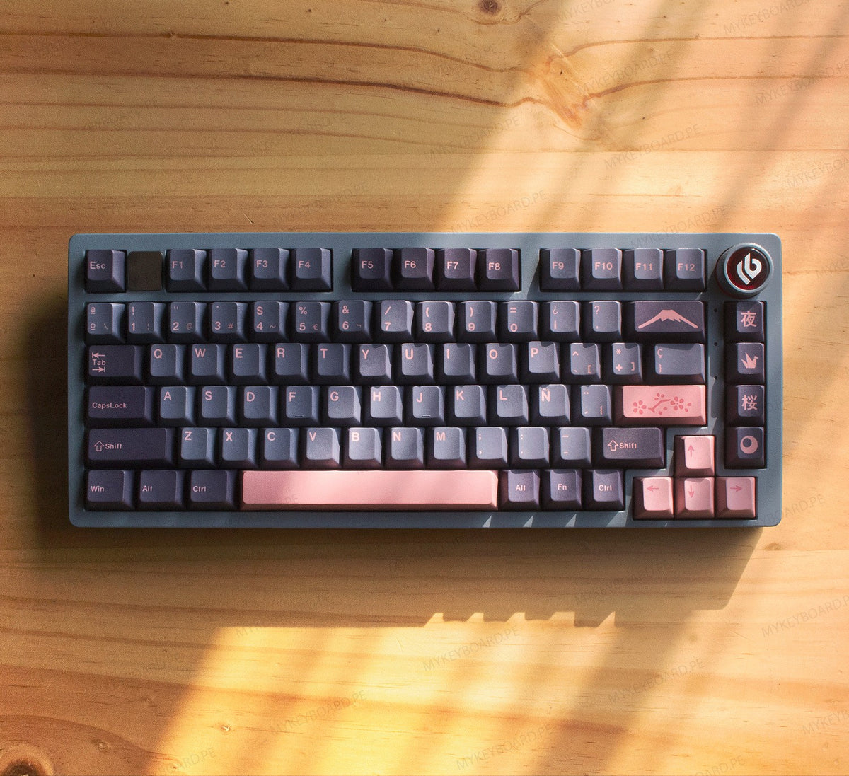 Teclado mecánico MyKeyboard Leobog Hi75 75% en español con diseño Sakura Night, chasis de aluminio y perilla metálica.