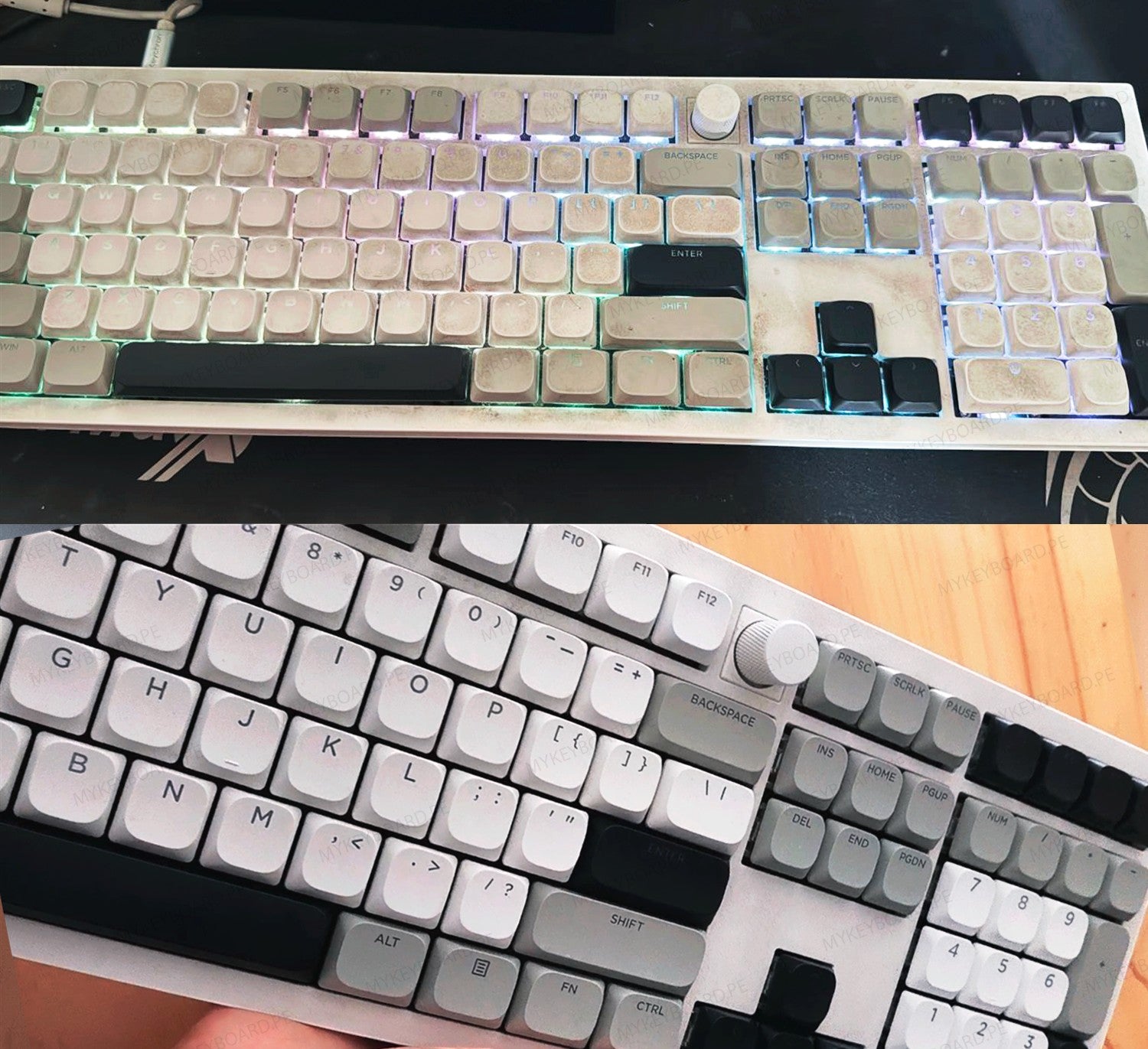 Comparativa de teclado mecánico MyKeyboard antes y después de una limpieza profesional de teclas y carcasa
