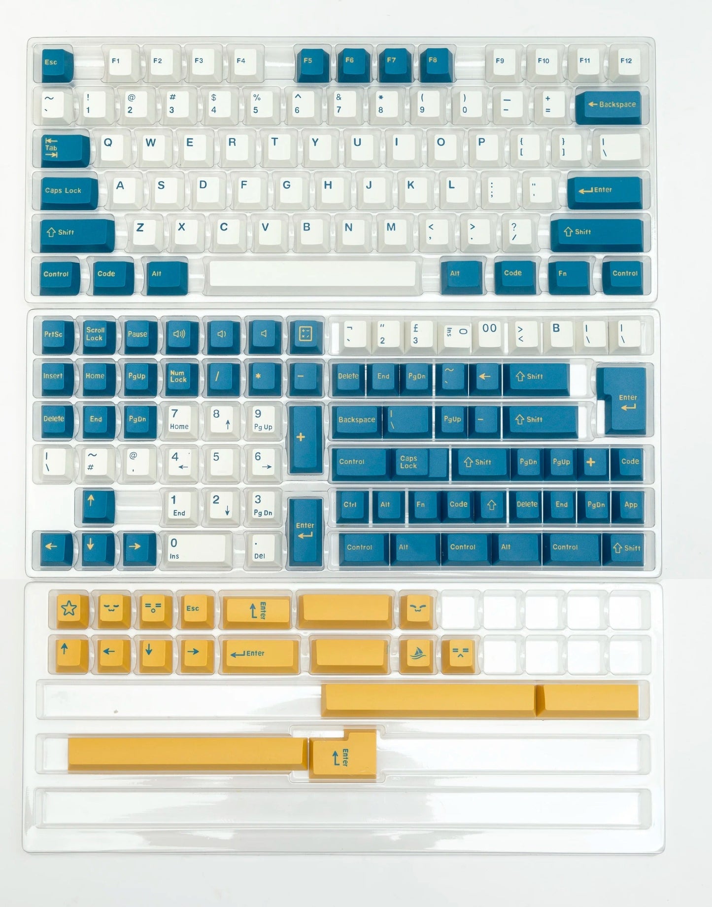 Set de 173 teclas MyKeyboard Merlin con perfil Cherry, fabricadas en PBT double shot en tonos azul, blanco y amarillo.