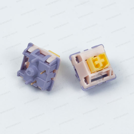Switches táctiles MMD Princess V3 de MyKeyboard con carcasa lila, vástago amarillo y materiales de alta calidad