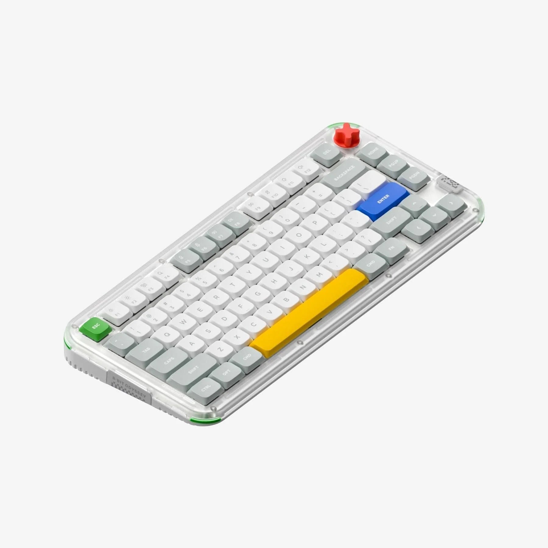 Teclado mecánico MyKeyboard NuPhy Kick75 de perfil bajo con carcasa translúcida, teclas retro y diseño estilo 8-bit.