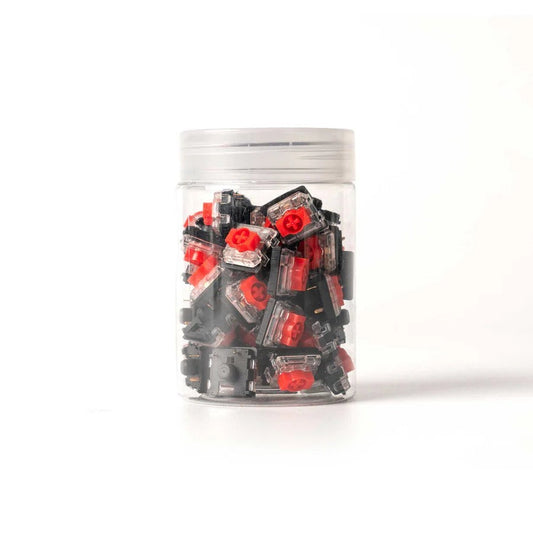 Frasco transparente con 100 switches lineales Gateron KS-33 Low Profile 2.0 Red para teclado mecánico