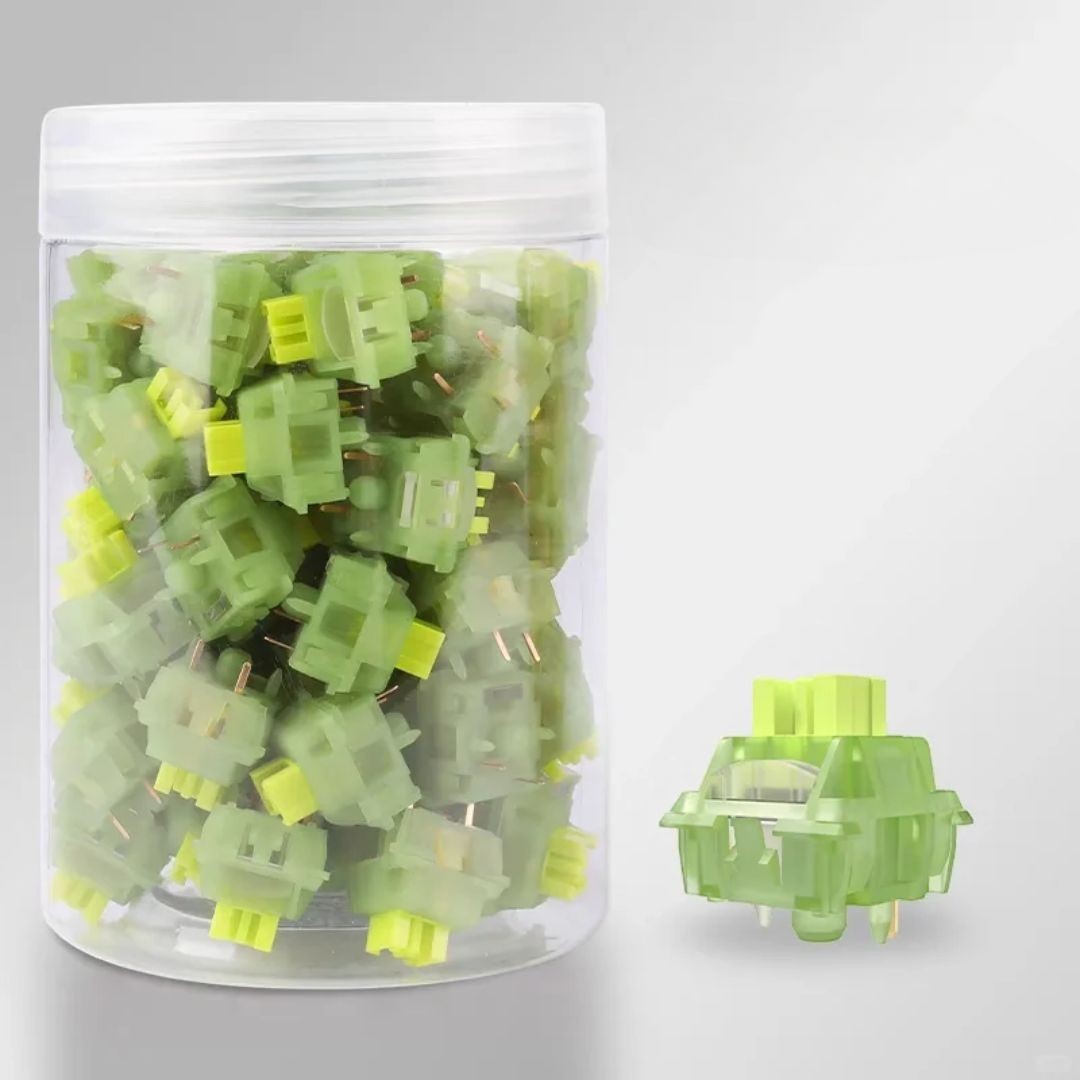 Switches táctiles silenciosos MyKeyboard Outemu Silent Lemon V3 en frasco transparente con un switch individual