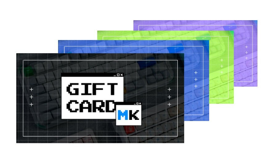 Tarjeta de regalo MyKeyboard con diseño pixel art sobre fondo de teclados mecánicos en varios colores