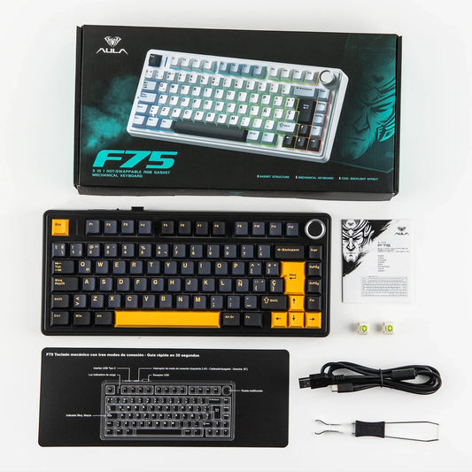 Teclado mecánico MyKeyboard EPOMAKER X AULA F75 ISO Español negro con teclas amarillas, perilla y accesorios incluidos