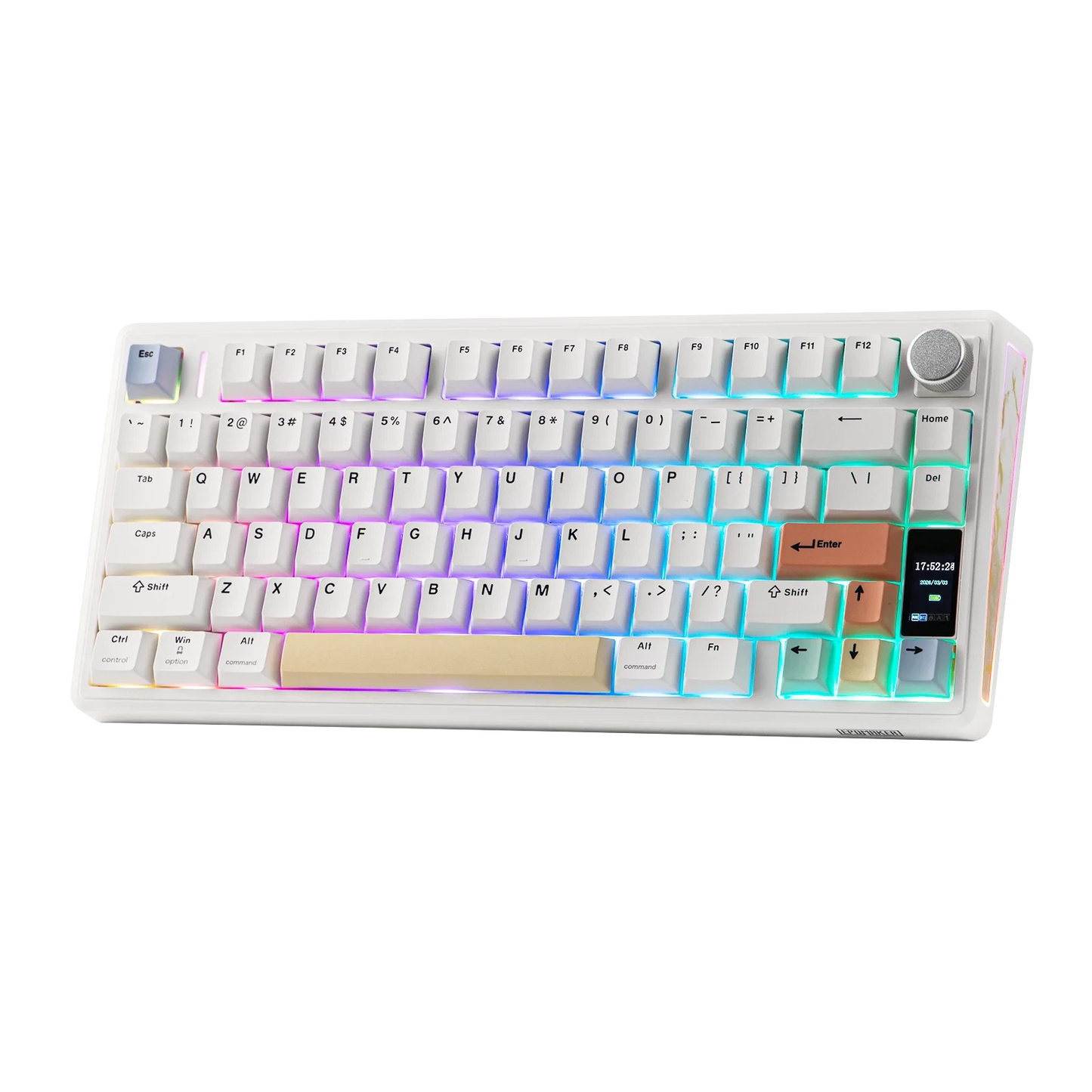Teclado mecánico MyKeyboard Epomaker TH80 V2 Pro blanco con iluminación RGB, pantalla LCD y perilla de control.
