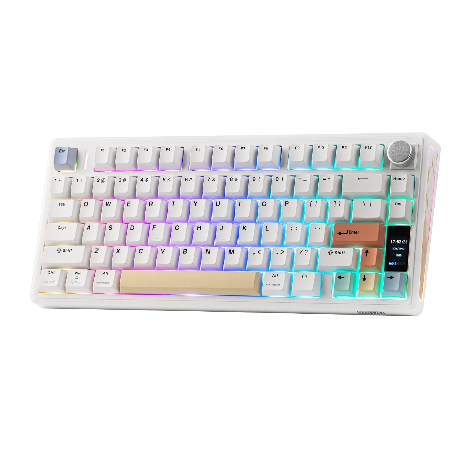 Teclado mecánico MyKeyboard Epomaker TH80 V2 Pro blanco con iluminación RGB, pantalla LCD y perilla de control.