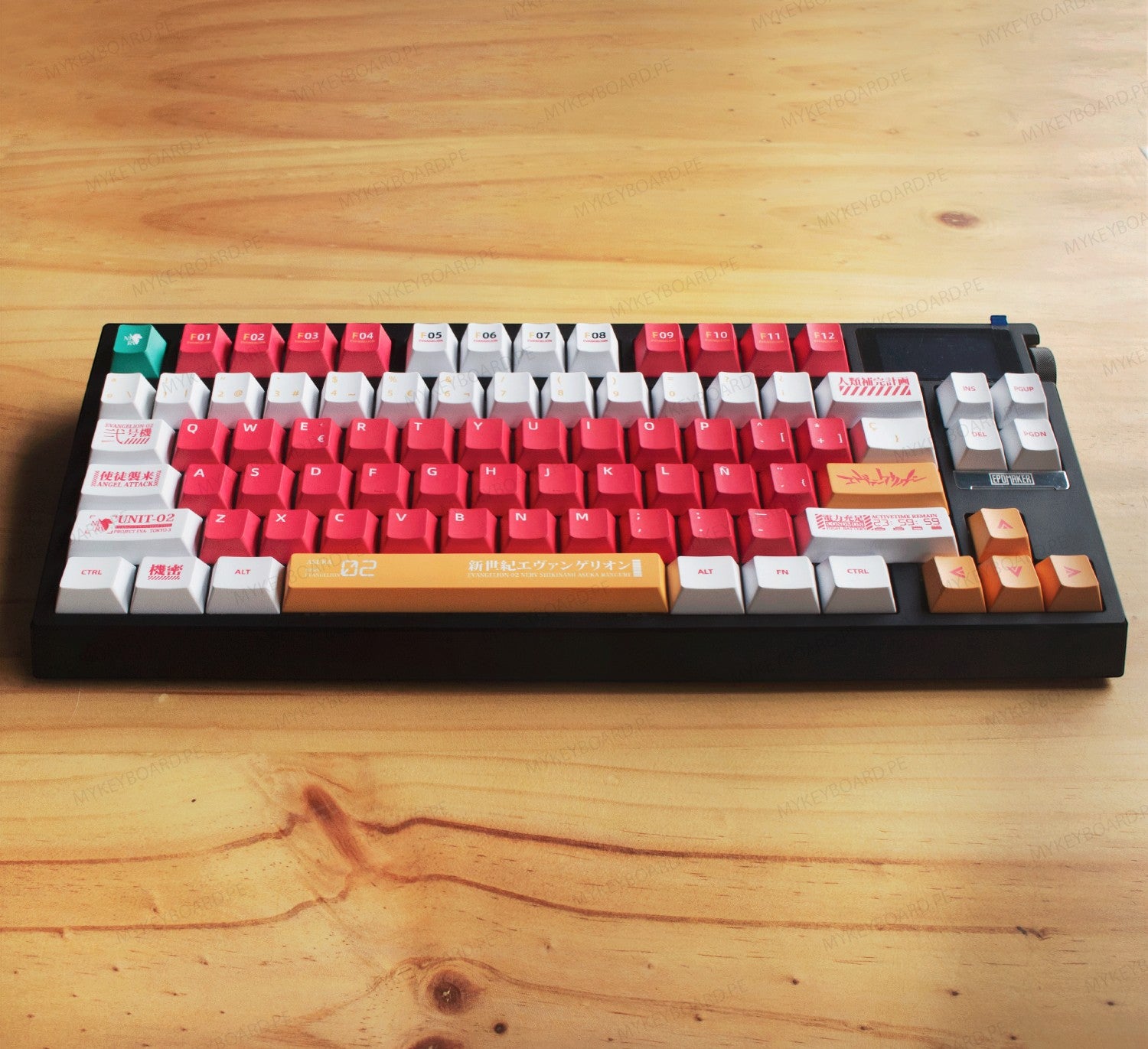Teclado mecánico MyKeyboard EPOMAKER G84 Pro EVA-02 con teclas rojas, naranjas y blancas y distribución en español