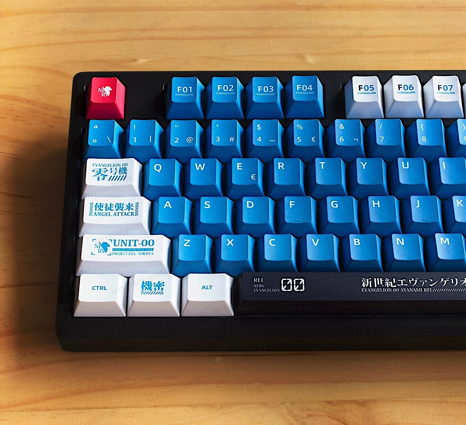 Teclado mecánico MyKeyboard Galaxy100 Evangelion EVA00 con teclas azules y blancas y detalles temáticos de anime