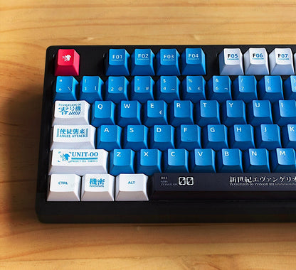 Teclado mecánico MyKeyboard Galaxy100 Evangelion EVA00 con teclas azules y blancas y detalles temáticos de anime