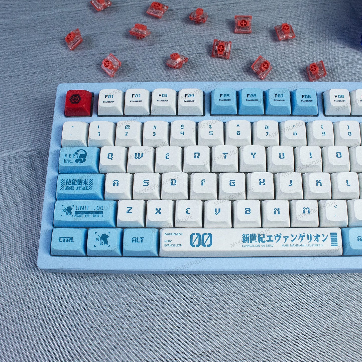 Teclado mecánico MyKeyboard Epomaker X Feker Galaxy80 Evangelion EVA-00 TKL con teclas PBT azul y blanco
