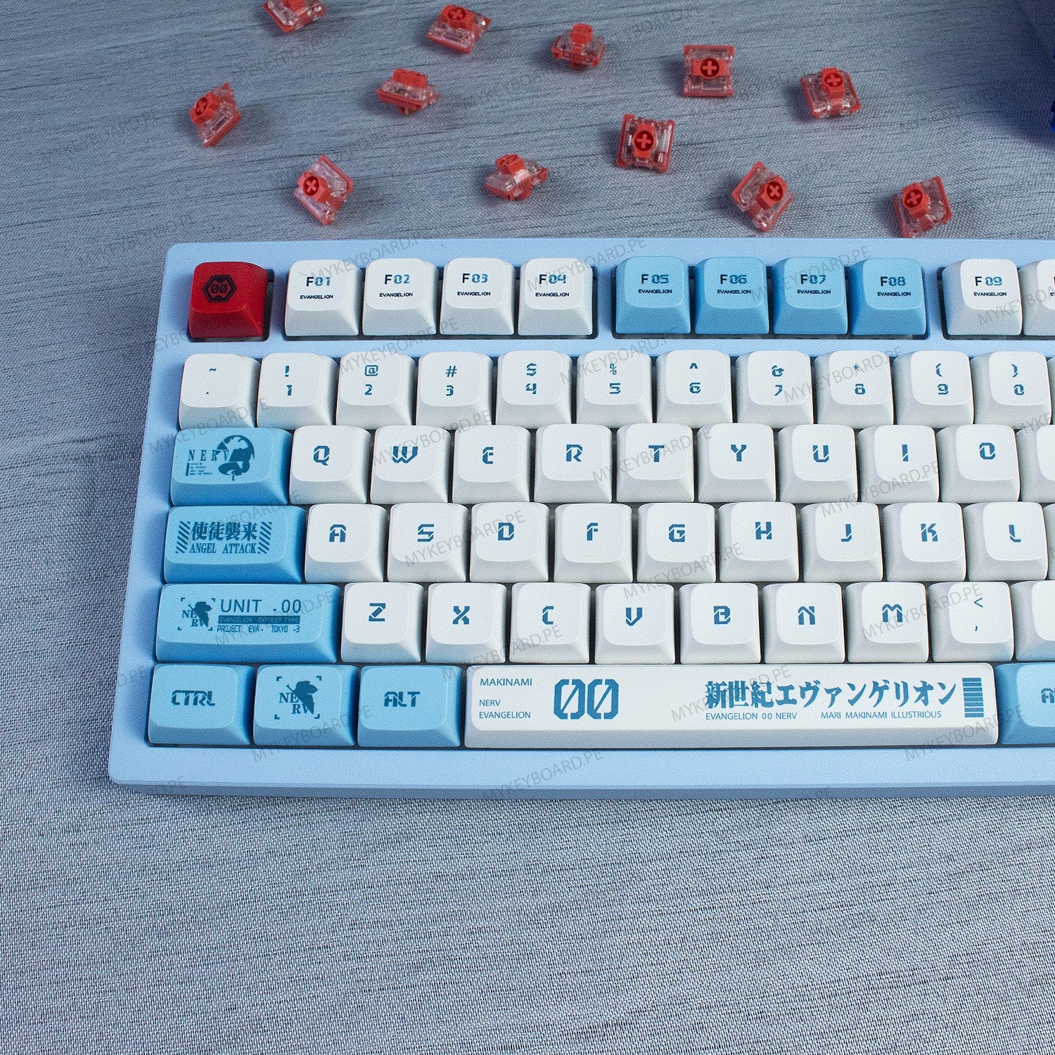Teclado mecánico MyKeyboard Epomaker X Feker Galaxy80 Evangelion EVA-00 TKL con teclas PBT azul y blanco