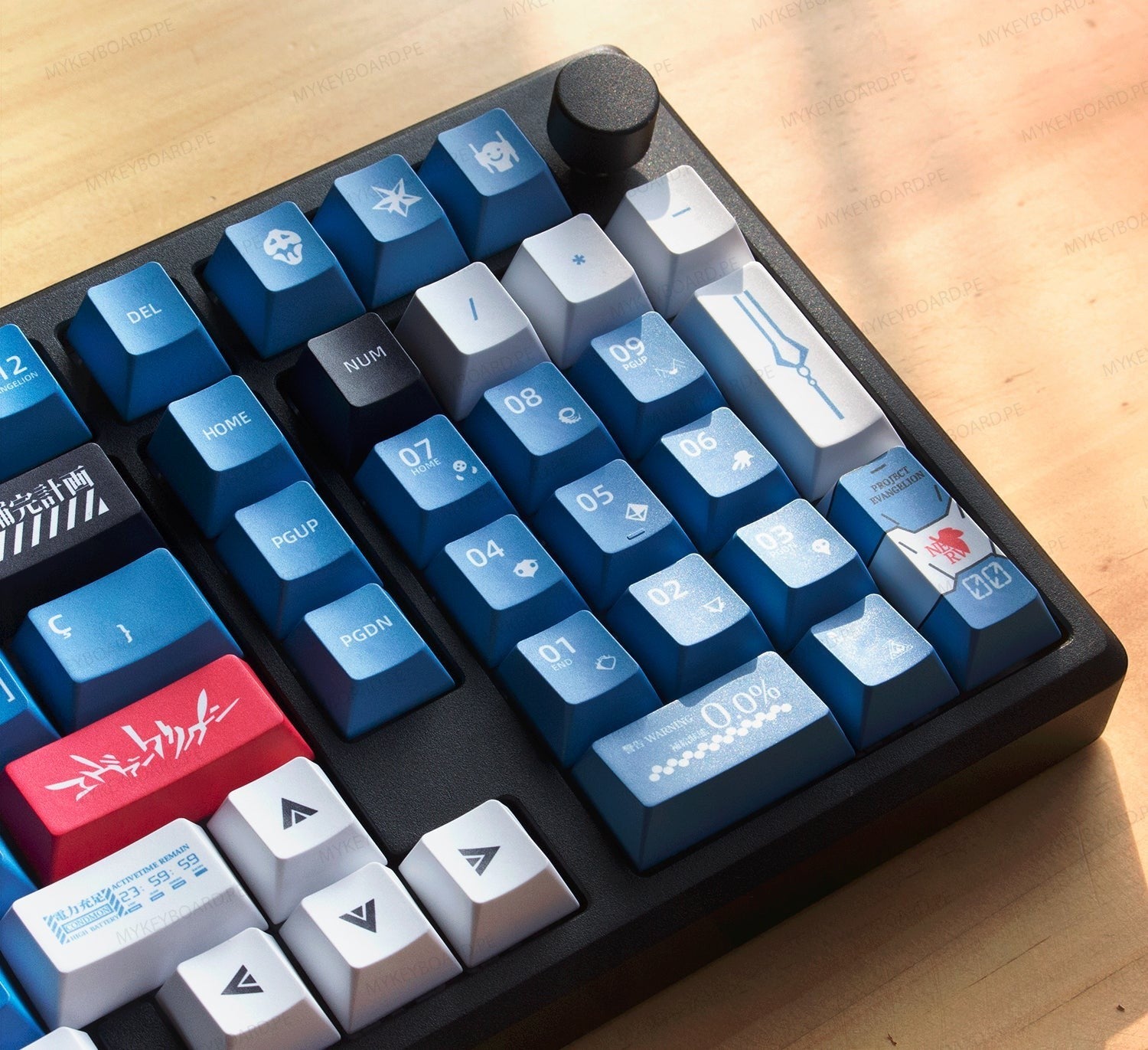 Teclado mecánico MyKeyboard EPOMAKER Galaxy100 EVA00 con teclas azules y blancas, diseño inspirado en Evangelion