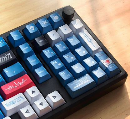 Teclado mecánico MyKeyboard EPOMAKER Galaxy100 EVA00 con teclas azules y blancas, diseño inspirado en Evangelion