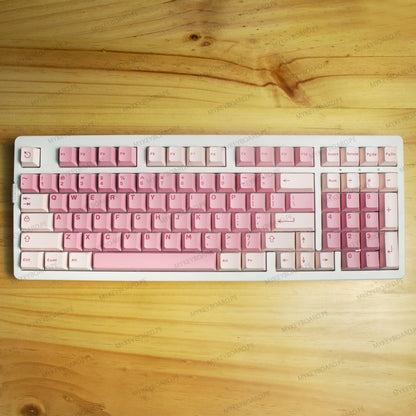 Teclado mecánico MyKeyboard EPOMAKER EK98 formato 96% con teclas degradadas en tonos rosa y blanco e iluminación RGB