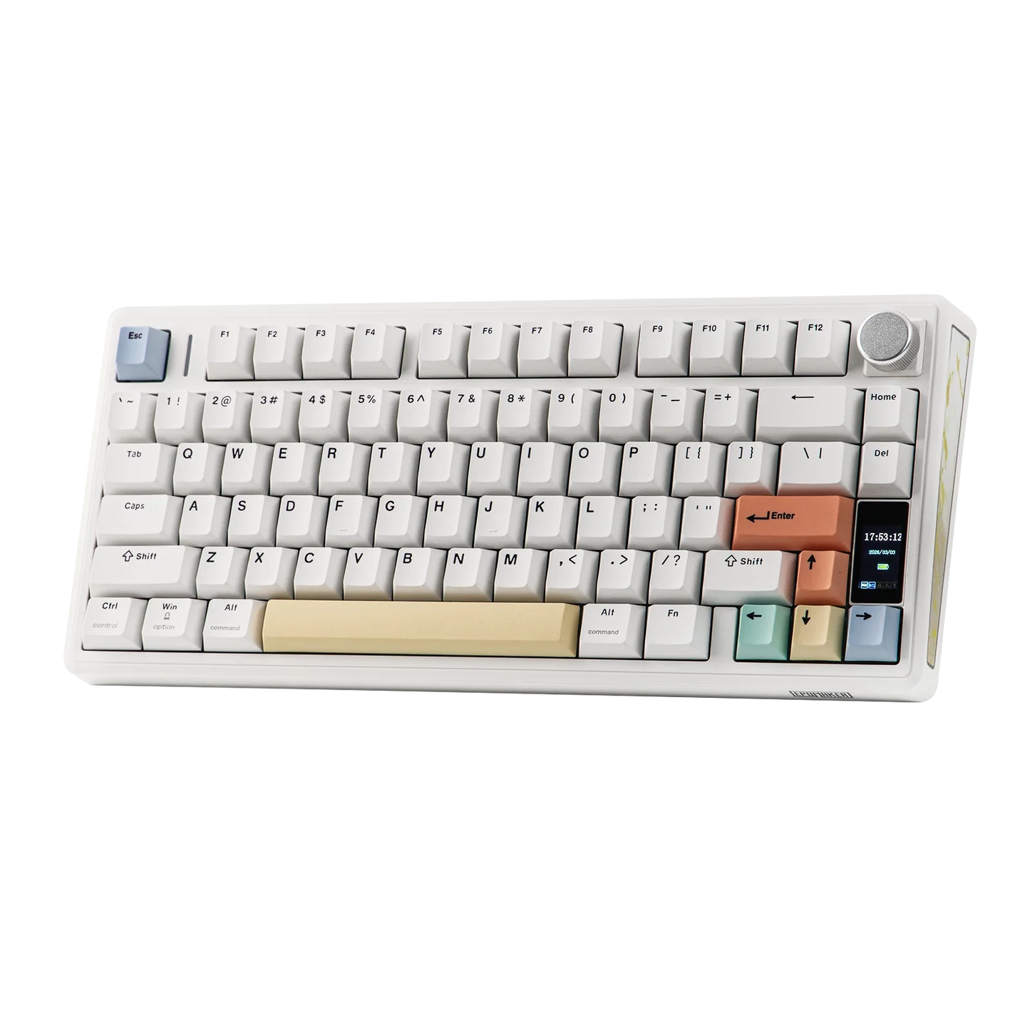 Teclado mecánico MyKeyboard Epomaker TH80 V2 Pro blanco con pantalla LCD, teclas de colores y perilla de control