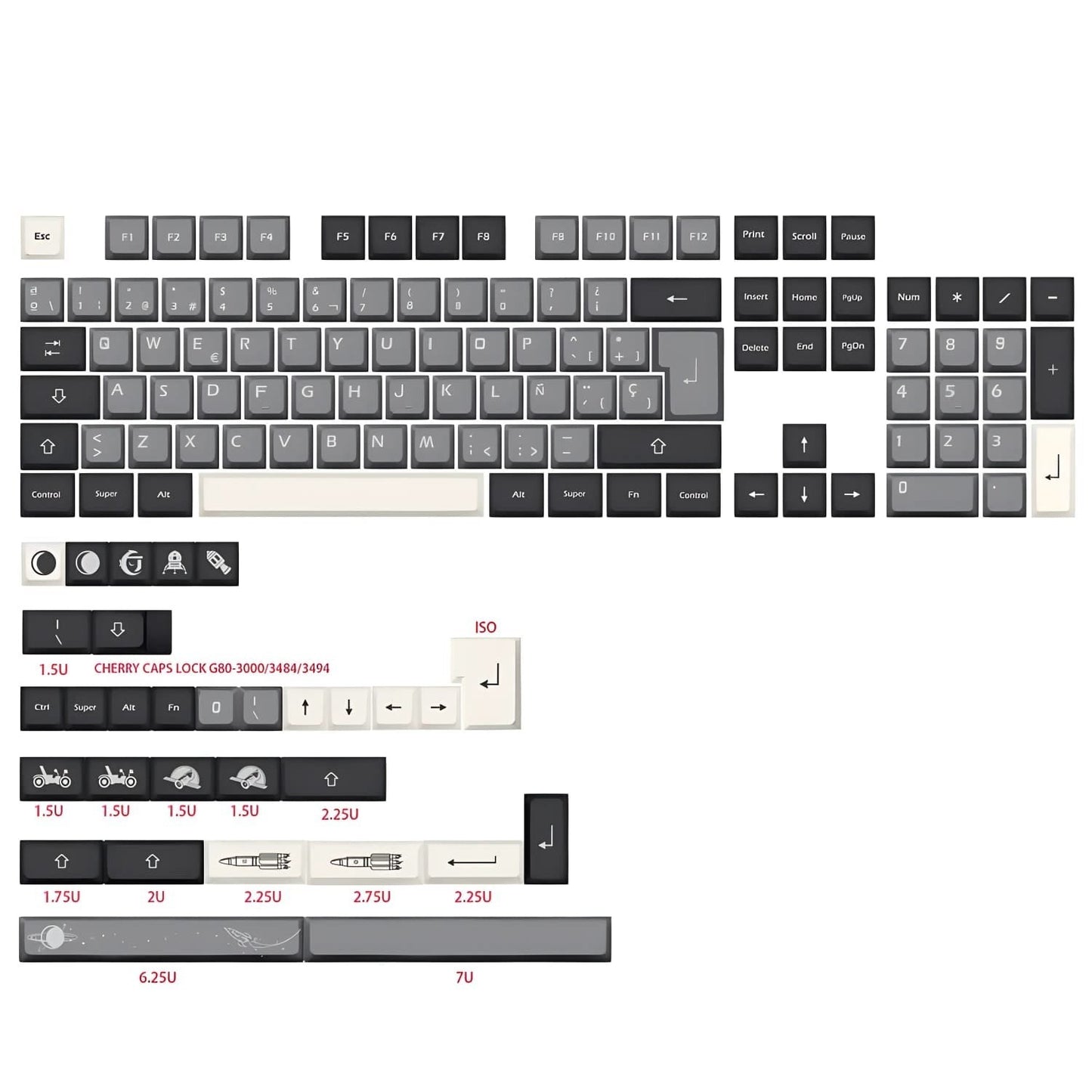 Set de 136 teclas MyKeyboard Apolo con perfil XDA, fabricadas en PBT gris y blanco con diseño temático espacial.
