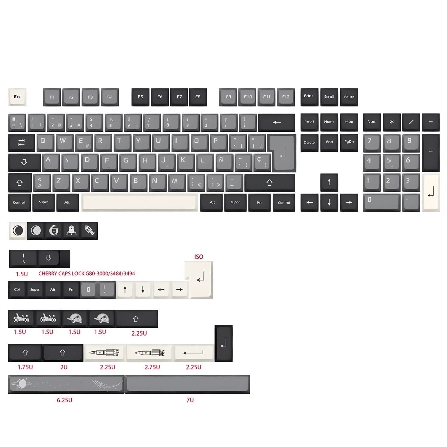Set de 136 teclas MyKeyboard Apolo con perfil XDA, fabricadas en PBT gris y blanco con diseño temático espacial.