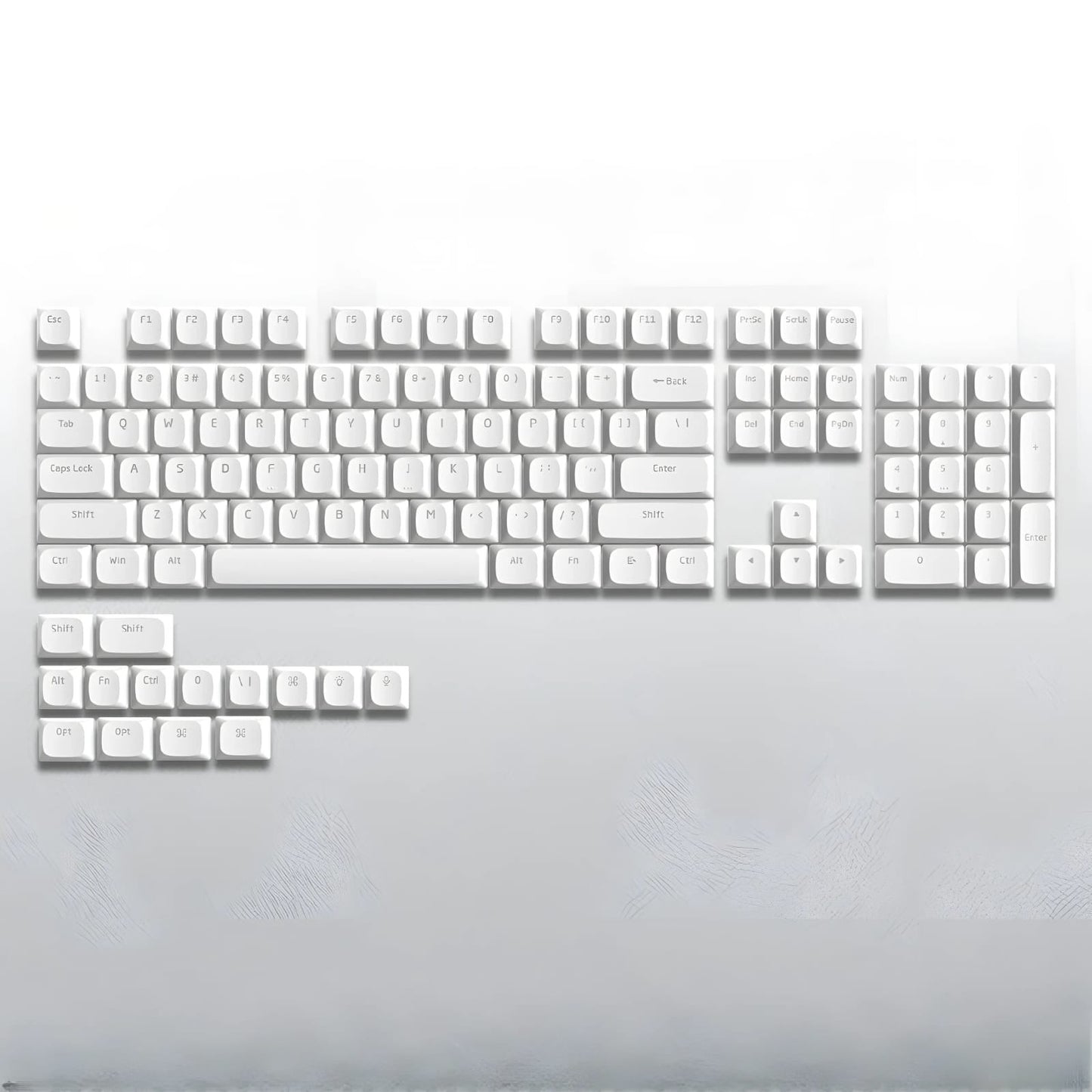 Set de 118 teclas MyKeyboard blancas de perfil bajo fabricadas en PBT double shot para teclados mecánicos