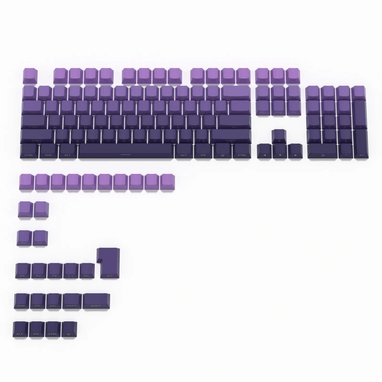 Set de 133 teclas MyKeyboard con degradado morado, perfil Cherry y material PBT double shot para teclados mecánicos.