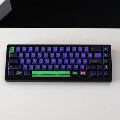 Teclado mecánico MyKeyboard con teclas PBT perfil Cherry, diseño temático EVA 01 en colores morado, verde y negro